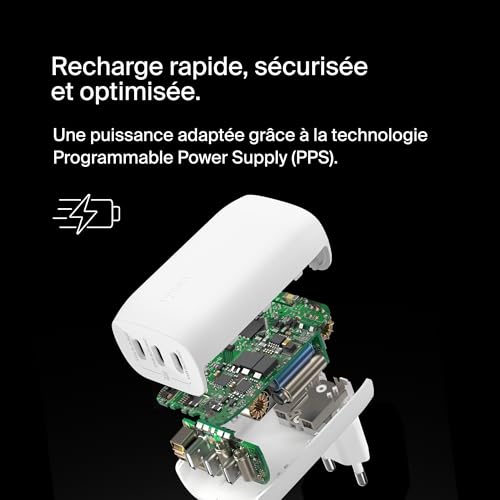 Belkin BoostCharge Chargeur Secteur 3 Ports USB-C avec PPS de 67 W (pour appareils USB-C PD 3.1 comme l’iPhone 16 (Tous modèles), MacBook Pro, AirPods, Galaxy, etc., câble USB-C vers USB-C Inclus)
