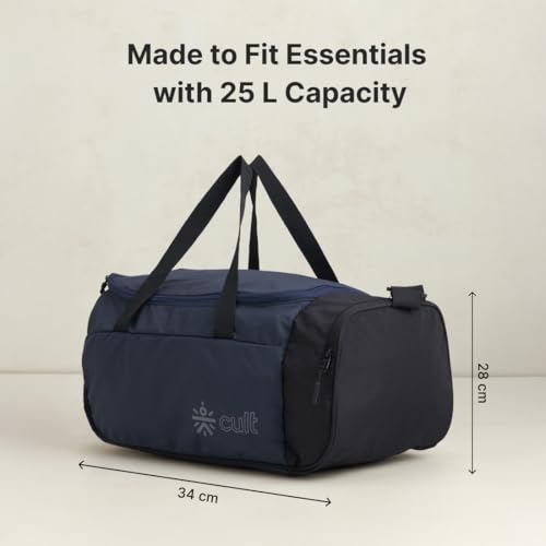 Image of Cult 25 Litre Gym /Duffle Bag for Men & Women - Water-Resistant Sports & Travel Bag with Spacious Main Compartment, Side Mesh Pocket, Durable Zippers & Adjustable Shoulder Strap - Black Navy