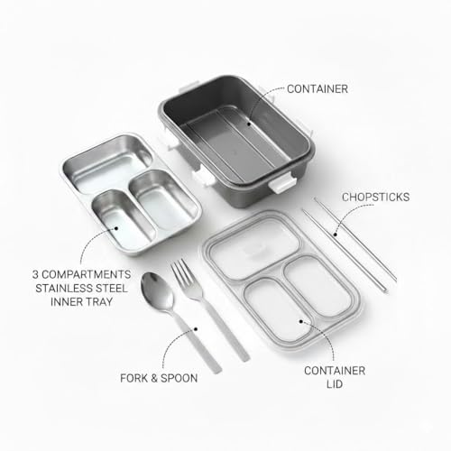 Image of Sanghariyat 3 Compartment Lunch Box Insulated Air Tight and Portable Utensils, Stainless Steel 100% Leak Proof with a Fork, a Spoon and a Pair of Chopsticks for School Kids -750Ml (Silver)