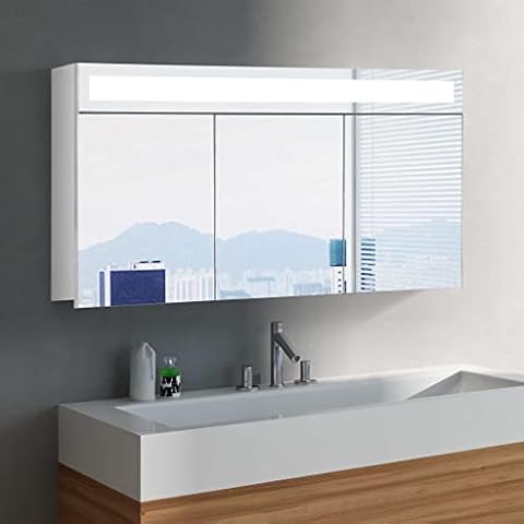 HAPA Design Bad Spiegelschrank Miami weiß mit LED Licht Oben, Steckdose, Softclose und verstellbaren Glas Ablagen. Komplett vormontiert. SGS geprüft Cover