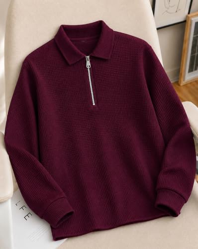 Image of AUSK Men's Waffle Knit Textured Full Sleeve Polo T-Shirt | Cotton Blend Regular Fit Zip Polo Neck Solid Smart Casual T Shirt for Men | Casual Wear, Travel & Weekend Wear Tshirt for Men