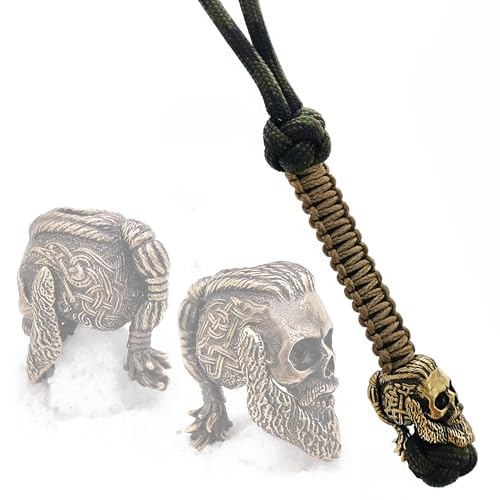 CooB EDC Paracord Knife Lanyard with Metal Paracord Bead Charm Celtic Skull Ragnar Lothbrok. Keychain Lanyards for Knives (Bronze)