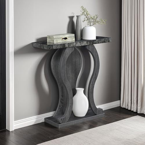 Convenience Concepts Newport Terry B Console Table 31.5" - Modern Sofa Table with Storage Shelves, Narrow Entryway Hall Table for Living Room, Display Accent Table, Black Faux Marble/Weathered Gray - Thumbnail 7