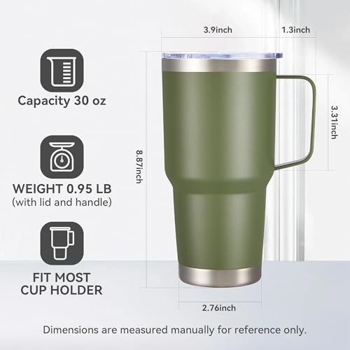 Image of 30 oz Stainless Steel Tumblers Bulk with Handle and Lid, 4 Pack | Powder Coated, Double Wall Vacuum Insulated, Leak Proof Lid, Keep Drinks Cold and Hot, for office, party, camping,Army Green