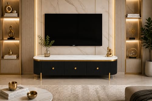 Image of Mazzo White Marble TV Unit Console | 70 inchx15 inchx18 inch | Golden Legs & Charcoal Louvers | Storage Drawers | Modern TV Stand Console Unit White Marble Top with Gold Accents, Storage (Black)
