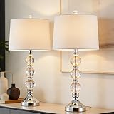 Maxax 27.5' Crystal Table Lamps Set of 2 for Living Room, 3 Way Dimmable Modern Clear Crystal Bedside Nightstand Lamps with White Shade Nickel Base Decor for End Table, Bedroom, Study Room, Office