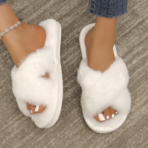 Womens Fuzzy Slides Slippers Open Toe Cross Band House Slippers Indoor/Outdoor Cozy House Shoes3