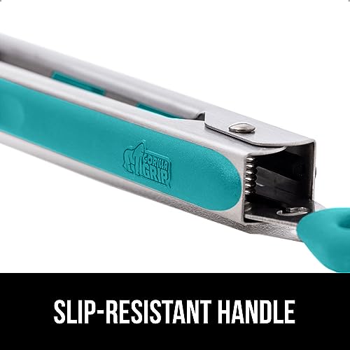 Image of GORILLA GRIP Stainless Steel BPA-Free Kitchen Tongs for Cooking, Heat Resistant BBQ Tong Set of 2, Non Scratch Silicone Tip for Pan, Strong Grip, Grab Food, Toss Salad, Pull Lock, 7+9 Inch, Turquoise