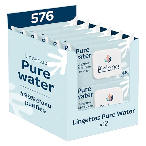 BIOLANE - Baby-Feuchttücher mit 99,9% Wasser - Pure Water - Packung mit 12 x 48 (576 Feuchttücher) - Für empfindliche Haut - Ab der Geburt - Duftfrei - Wechseln und Reinigungspflege