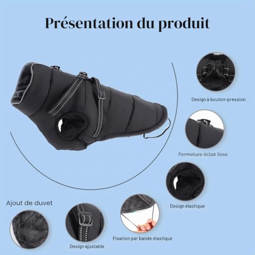 Manteau pour Chien Hiver Petite Taille, ZoneYan Imperméable Manteau Chien avec Harnais Réfléchissants et Réglable, Veste Chauds Chiens Vêtements, Gilet de Protection Contre pour Chiot (Noir, XS) – vue 6