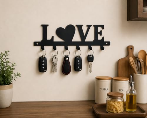 Image of Ventuos Metal Wall Mounted Key Holder with 6 Hooks, Love Design, Key Organizer for Home Office Bedroom Entryway