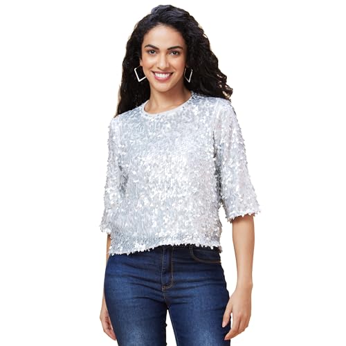 Image of Globus Women Black Embellished Round Neck Party Top-3639444001