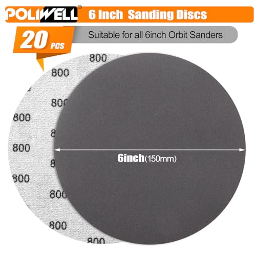 image for POLIWELL 6 Inch (150mm) 800 Grit Sanding Discs Waterproof Hook & Loop 
