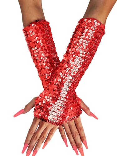 Yikisdy Sequins Fingerless Glove sparkly Red Gloves Rave Mermaid Glove for Women (Red)