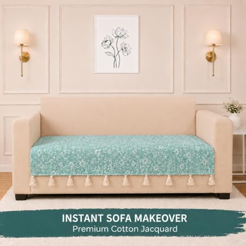 Image of STITCHNEST 'Verdant Phool Stories' 1 Seater Sofa Cover| Elegant Jacquard Fabric, Decorative Tassels, Washable & Durable for Modern Living