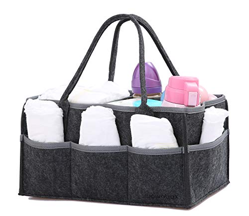 Organizador de pañales, bolsa de pañales para regalos para bebés, diseño de dobladillos para niños recién nacidos, actualización de tamaño grande de fieltro cesta de pañales (gris oscuro)