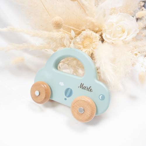 minipishop® Babygeschenke zur Geburt Junge personalisiert -Holzauto ab 1 Jahr als Spielzeug oder Babygeschenk Geburt türkis Erstes Auto mit Namen