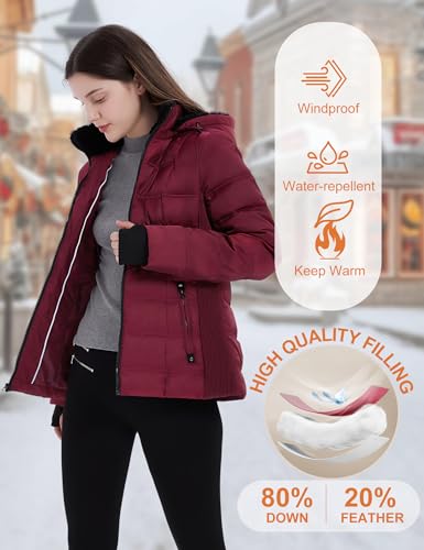 Women Down Puffer Jacket, Hooded Puffer Coat with Faux-Fur Hood & Collar Thumb Hole4