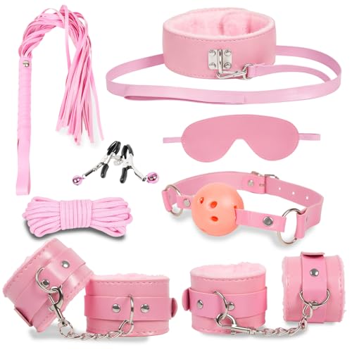 Image of BDSM Bondage Sex Toys Restraints - 8 Kit Gear for Ball Gag Sex Whip Cuffs Rope Collar Blindfold Leash (Pink)