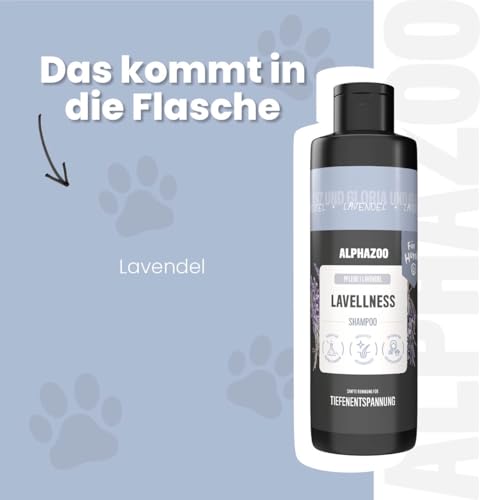 alphazoo Lavellness Shampoo für Hunde 250 ml – mit Lavendelöl & Kokosfruchtextrakt. Milde, pflegende Reinigung für Fell & Haut. Frei von Parabenen und Silikonen. Ideal für empfindliche Hundehaut