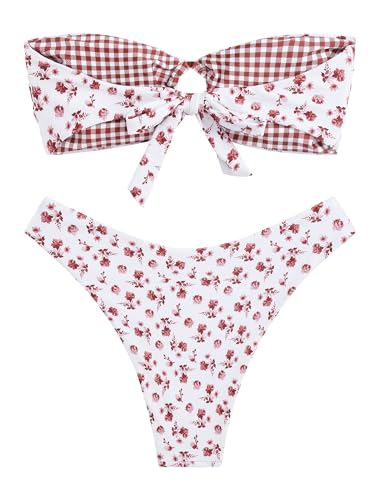 Image of ZAFUL Women's Bandeau Bikini O Ring Strapless Tie Back High Cut Two Piece Swimsuit Bathing Suits