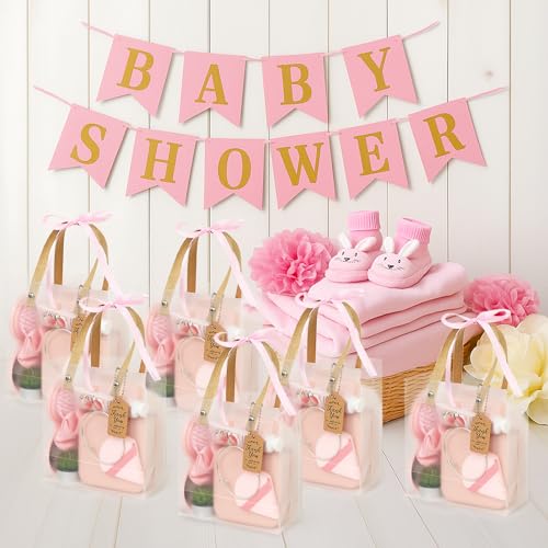 Baby Shower Prizes for Winners Gifts Headband Hair Brush Jewelry Box Plants Candles Bracelet Hand Cream Compact Powder Puff Hair Claw ribbon Gift Bag Beaded Necklace Bridal Shower(6 Sets-Pink)3
