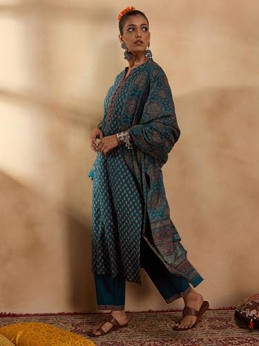 Image of INDO ERA Women's Pure Cotton Printed Straight Kurta & Pant With Dupatta Set