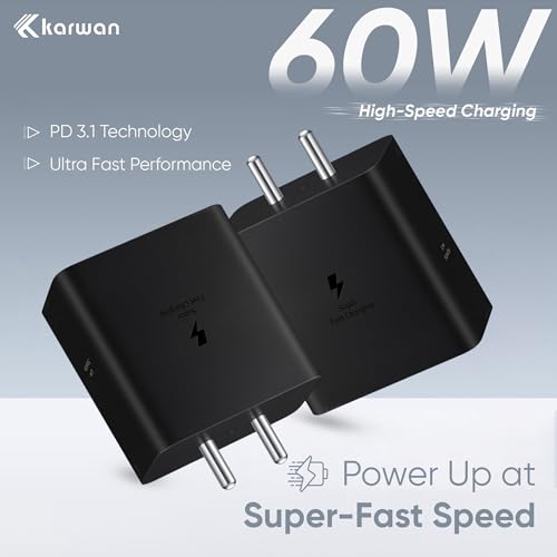 Image of KARWAN 60W GaN Superfast Charger, PD 3.1 Adapter [2Yrs Warranty] Compatible with Samsung Galaxy S25 /S24 /S23 /Plus /Ultra /Flip /Fold,Laptop,MacBook,iPhone & Other Devices, BIS Certified Wall Charger