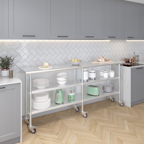 Image of AmGood Stainless Steel Work Table with 2 Shelves and Casters | Metal Utility Table On Wheels (Stainless Steel Work Table with 2 Shelves + Casters, 84 inch Long x 18 inch Deep)