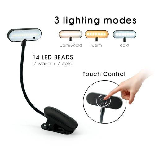 Image of Rechargeable Book Light for Reading in Bed - 14 LED Book Light with 3 Color Temperatures, Stepless Dimming, Up to 80 Hours Runtime, 360 Rotatable Clip - Perfect for Book Lovers, Black