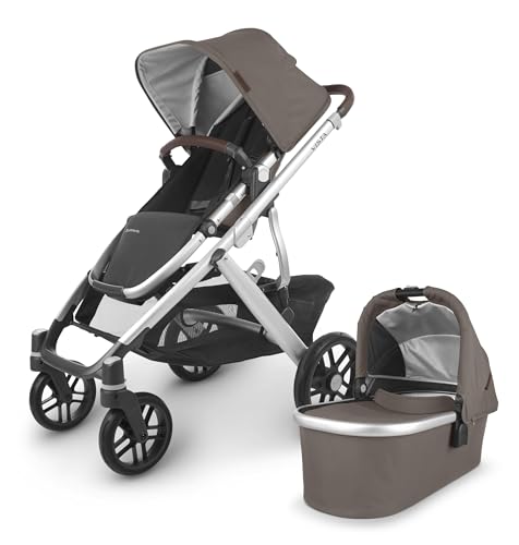 Image of Vista V2 Stroller/Convertible Single-to-Double System/Bassinet, Toddler Seat, Bug Shield, Rain Shield, and Storage Bag Included/Theo (Dark Taupe/Silver Frame/Chestnut Leather)