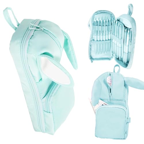 Image of DEOXY Polyester Large Capacity Pencil Pouch for Girls & Boys with 3 Zippers & 5 Compartments | Waterproof Aesthetic Cute Bunny Ears Standing Pencil Case for Kids, Multiutility Pouch (Sea Green)