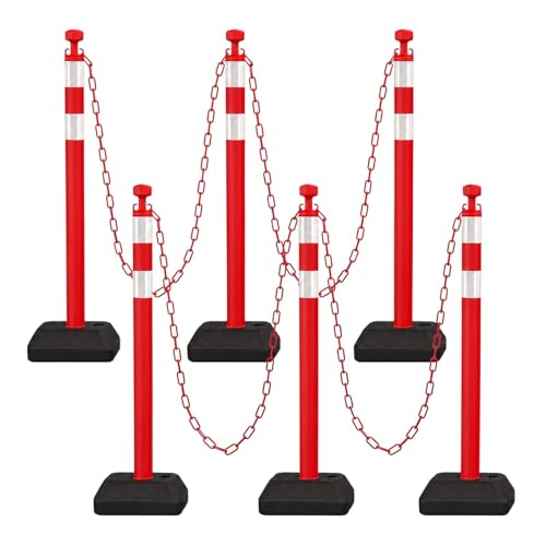 Image of 6 Pack Traffic Delineator Post Cones with Chain Stanchion,Red Crowd Control Safety Barrier Posts with Water Filled Base for Traffic Control, Parking Lots and Event Management (Red)
