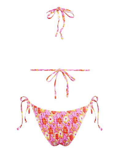 Image of Women's Triangle Bikini Set String Swimsuit Print Tie Smocked Ruched Two Piece Bathing Suit