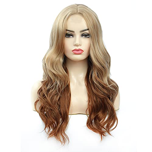 Long Wavy Blonde Wig Ombre Blonde mixed Brown Wigs for Women Middle Part Natural Honey Blonde Hair Synthetic Cosplay Daily Wigs (22 Inch)