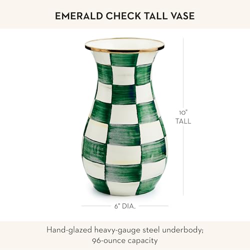 Image of MACKENZIE-CHILDS Enamel Tall Vase, Green-and-White Emerald Check