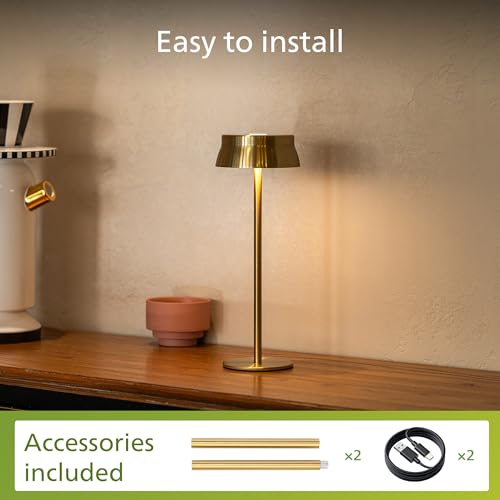 Philips Cordless Table Lamp, Portable Outdoor LED Desk Light, Rechargeable Battery Operated, 2 Adjustable Height, Touch Control & 3 Color Stepless Dimming, Waterproof Lamps for Bedroom, Gold