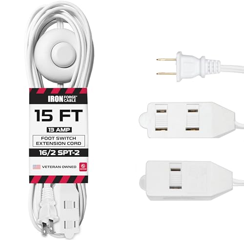 Iron Forge Cable 15 ft 3 Outlet White Extension Cord with Foot Switch - 16/2 SJTW 2 Prong Indoor Extension Cord with Multiple Outlets