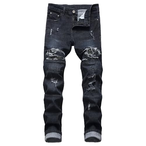 Mens Ripped Jeans Lounge Comfort Mens Pants with Elastic Waistband Biker Slim Fit Jeans for Men