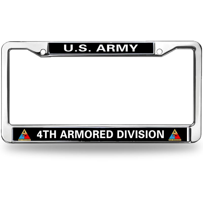 Image of US Army 4TH Armored Division Metal License Plate Frame Chrome,Veteran US Army Chrome License Plate Frame Tag Universal to fit