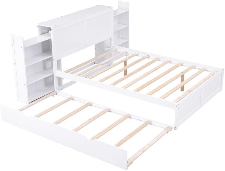 Full Size Platform Bed with Trundle, Modern Multi-Functional Storage Bed Frame with Pull Out Shelves and Twin Trundle, Solid Wood Full Bedframe for Bedroom, Living Room, White