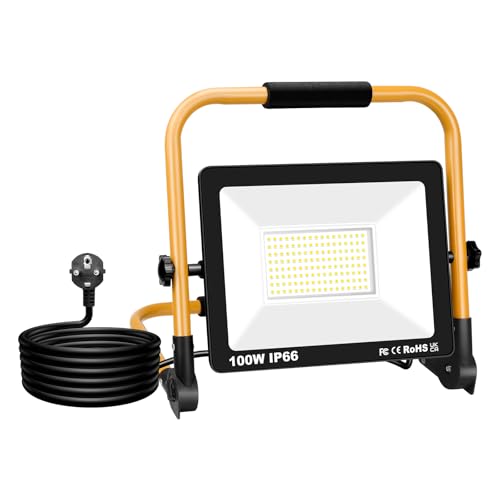 Willpower Luz de trabajo LED portátil de 100 W, luces de lugar de trabajo, 10000 lm, IP66, impermeable, reflectores de construcción para exteriores con soporte, luz blanca diurna de 6500 K, para
