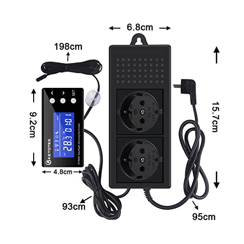 KETOTEK PID Thermostat Terrarium Reptilien Heizung Tag Nacht mit Zeitschaltuhr Digital Dimmthermostat Temperaturregler Steckdose Timer mit Fühler 220V 230V für Aquarium Gewächshaus
