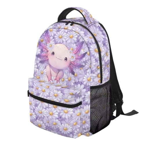 Axolotl Backpack for School Girls Purple Daisy Bookbag Lightweight Kids Back to School Supplies Kawaii Axolotl Bag for Lovers Little Girl Gifts2