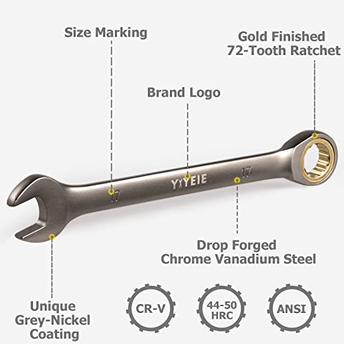 YIYEIE 10 Pc. Ratcheting Combination Wrench Set, Metric 8, 10, 11, 12, 13, 14, 15, 16, 17, 18mm, 72 Tooth, 12 Point, Cr-V Steel, Nickel Coating, Combo Ratchet Wrench Set with Roll-up Pouch