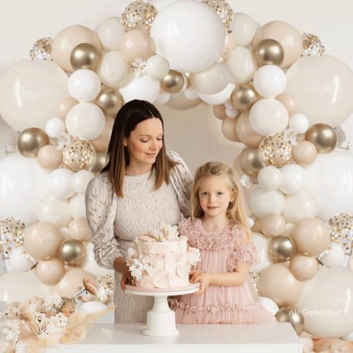Image of Zesliwy Sand White Gold Balloon Arch Kit,Light White Ivory Beige Nude Balloons Chrome Gold with Confetti Balloon Garland for Neutral Birthday Wedding Engagement Bridal Shower Boho Party Decoration