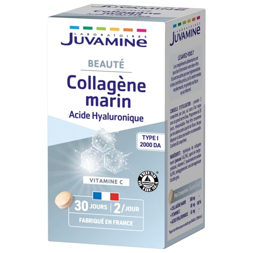 JUVAMINE Collagène Marin et Acide Hyaluronique, Vitamine C, Beauté, Peau et Articulations, Programme de 30 jours, 60 Comprimés, Fabriqué en France