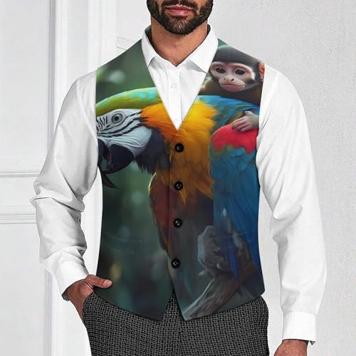 Monkey Riding Macaw Parrot Suit Vest for Men Slim Fit Tuxedo Waistcoat Button Down V Neck Business Dress Coat4