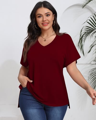 Ficerd 3 Pack Plus Size V Neck T-Shirts for Women, Short Sleeve Split Side High Low Hem Tunics Tops Basic Summer Tee Blouses3