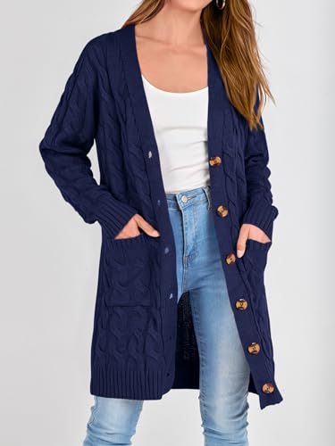 Image of PRETTYGARDEN Long Sleeve Cable Knit Long Cardigan for Women 2026 Spring Winter Chunky Open Front Button Sweaters with Pockets